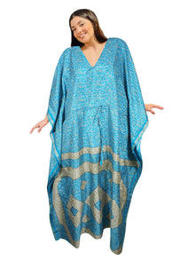  Blue Floral Silk Maxi Kaftan – Kimono Style Beach Caftan, Boho Resort Wear 2XL