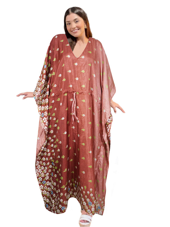 Rosewood Pink Floral Kaftan Dress – Women's Beach Cover-Up, Perfect Gift for Mom L-2XL