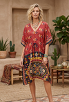 Carnelian Red & Black Floral Kaftan Dress – Lightweight Resort Wear Gift for Mom L-2XL