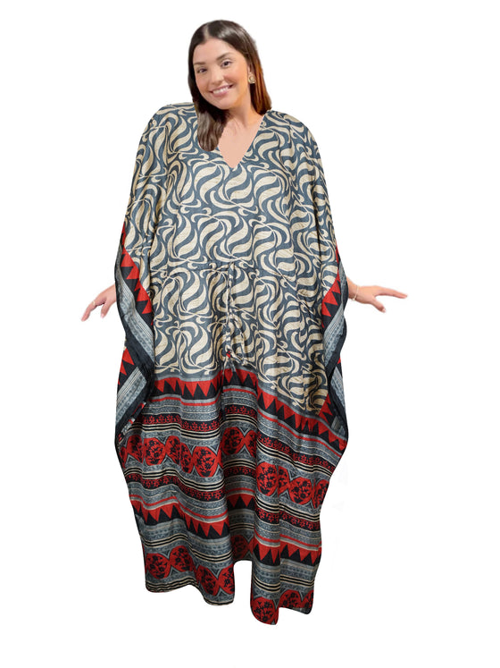 Gray and Beige Printed Maxi Kaftan Dress – Women's Caftan for Travel and Resort Fashion  L-2XL