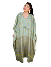 Sky Blue and Yellow Floral Boho Maxi Kaftan – Recycled Sari Dress for Women L-2XL