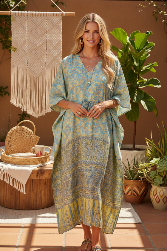 maxi kaftan beach dress Sky Blue & Mustard Floral – Eco-Friendly Boho L-2XL navy blue prom dresses season: SS26 Color:Blue / Yellow Stripe or dressing up for