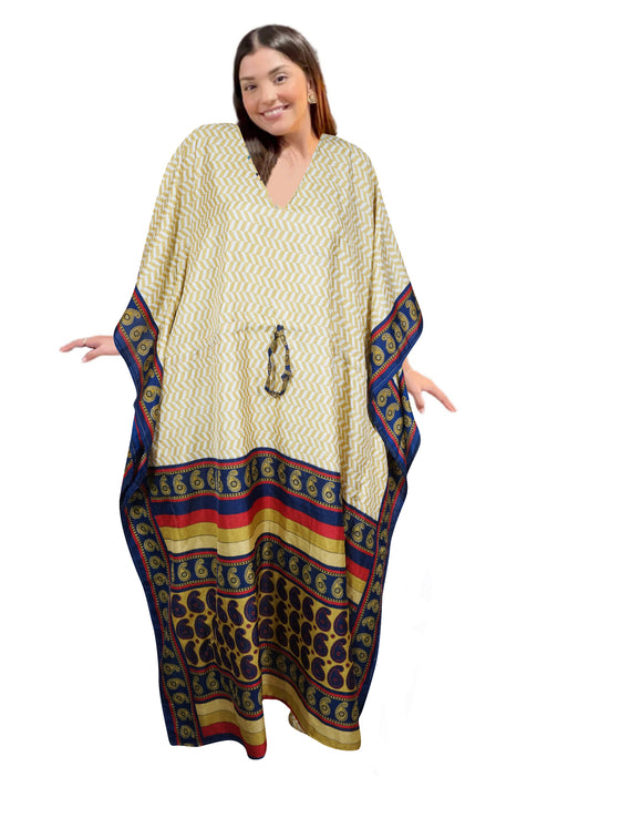 Beige and Dark Blue Printed Maxi Kaftan Dress – Women's Beach Cover-Up, Gift for Mom L-2XL