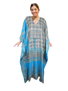  Sky Blue and Gray Recycled Silk Maxi Kaftan – Women's Caftan Lounger Dress L-2XL