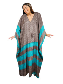  Gray Sea Blue Printed Maxi Kaftan Dress – Recycled Sari Caftan, Beach Cover-Up L-2XL