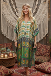 Women’s Green Recycled Silk Maxi Kaftan – Sustainable Boho Beach & Resort Dress L-2XL