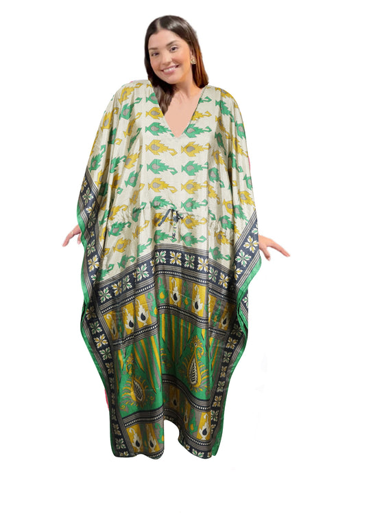 Green Recycled Silk Maxi Kaftan Dress for Women – Eco-Friendly Beach Cover-Up L-2XL