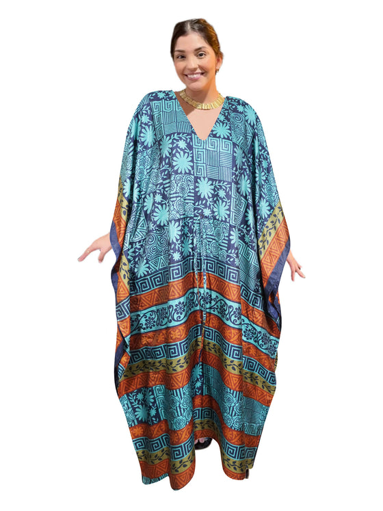 Women's Orange & Sea Blue Floral Kaftan Dress – Bold Boho Print Style  L-2XL
