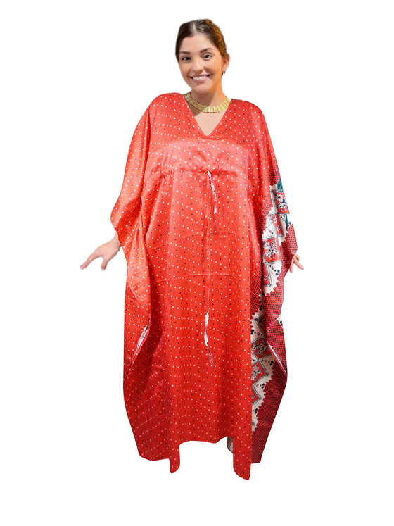 Boho Red Maxi Kaftan Dress for Women – Printed Resort & Vacation Wear 2XL