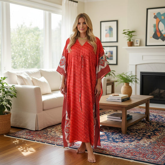 Boho Red Maxi Kaftan Dress – Printed Resort Wear & Women’s Vacation Kaftan  2XL