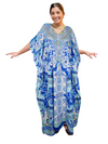 Womens Beach Kaftan Maxi Dress Blue Floral Printed Kimono Resortwear 