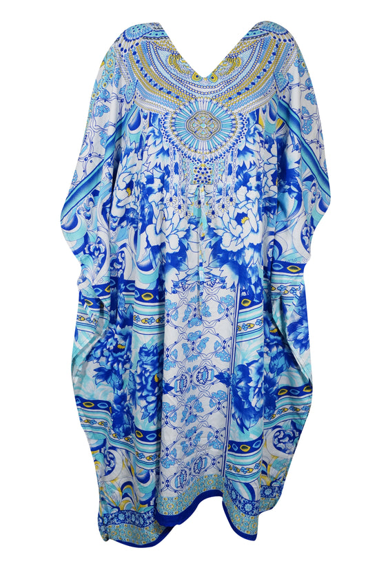 Womens Beach Kaftan Maxi Dress Blue Floral Printed Kimono Resortwear M-2X