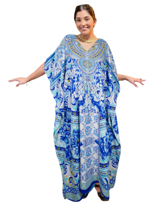 Womens Beach Kaftan Maxi Dress Blue Floral Printed Kimono Resortwear 