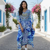 Womens Beach Kaftan Maxi Dress Blue Floral Printed Kimono Resortwear M-2X