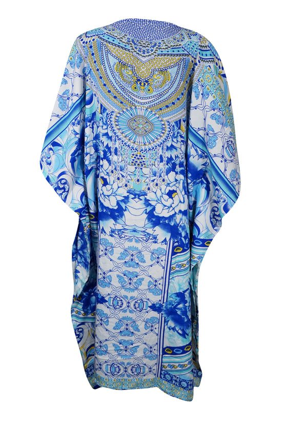 Womens Beach Kaftan Maxi Dress Blue Floral Printed Kimono Resortwear M-2X