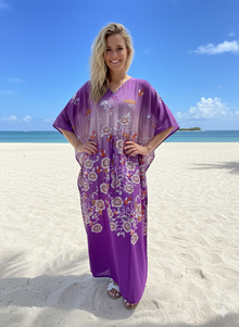  Womens Purple Floral Maxi Kaftan Dresses Beach Cover Lounger M-2XL