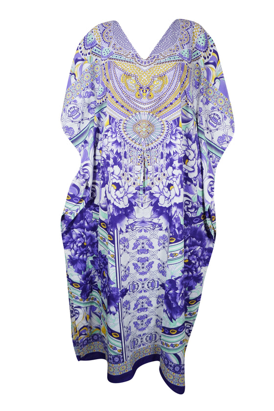 Women's Purple and White Kimono Maxi Kaftan – Boho Resort Wear Dress M-2X