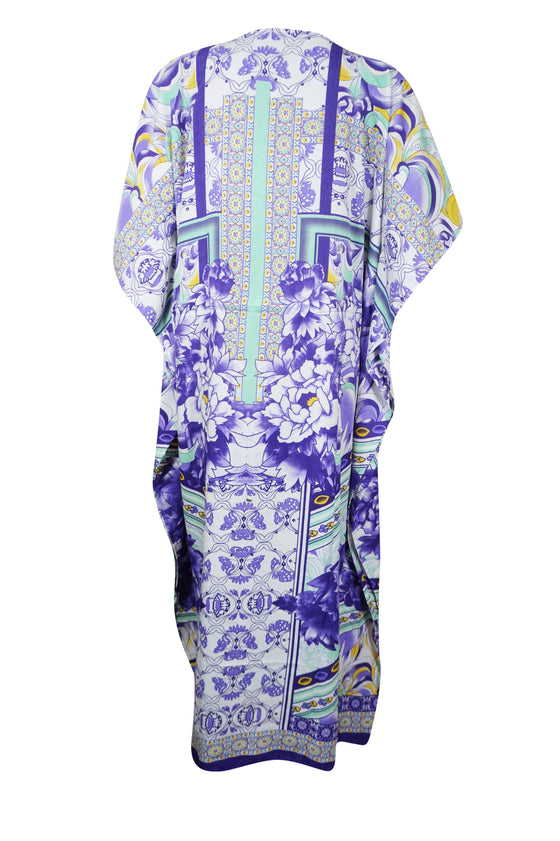 Women's Purple and White Kimono Maxi Kaftan – Boho Resort Wear Dress M-2X
