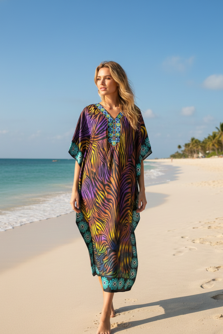 Women’s Multicolor Maxi Kaftan Dress – BOGO Boho Kimono Caftan Resort Wear for Beach M-2X