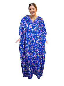  Women's Blue Floral Caftan – Maxi Kaftan Dress for Beach, Cruise, or Resort Wear L-2XL