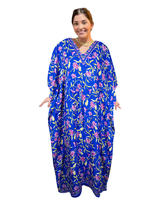 Women's Blue Floral Caftan – Maxi Kaftan Dress for Beach, Cruise, or Resort Wear L-2XL