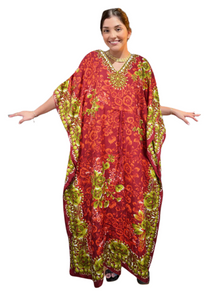  Boho Red Floral Maxi Kaftan Dress – Kimono Style Resort Caftan M-2X