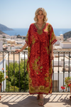 Boho Red Floral Maxi Kaftan Dress – Kimono Style Resort Caftan | Flowy Beach Cover-Up  M-2X
