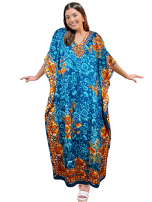 Women’s Boho Maxi Caftan – Blue Floral & Butterfly Print Kaftan Dress L-2XL