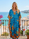 Blue Floral & Butterfly Kaftan Dress – Women’s Boho Maxi Caftan for Summer Travel L-2XL