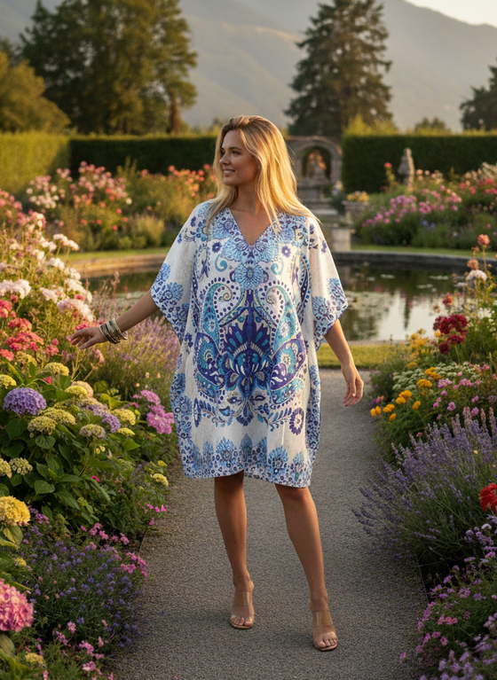 Women’s Short Boho Caftan Navy Blue & White – Hippie-Inspired Summer Beach Dress  L-2XL