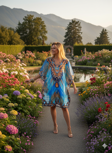  Women’s Short Boho Caftan Sky Blue & Orange – Hippie-Inspired Kaftan Dress L-2XL
