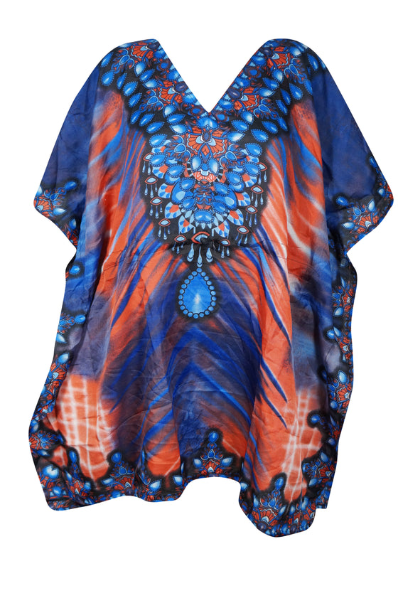 Women's Blue and Orange Boho Caftan – Short Hippie Kaftan Dress for Effortless Style L-2XL