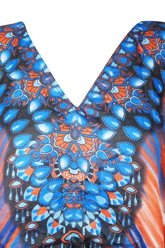 Women's Blue and Orange Boho Caftan – Short Hippie Kaftan Dress for Effortless Style L-2XL