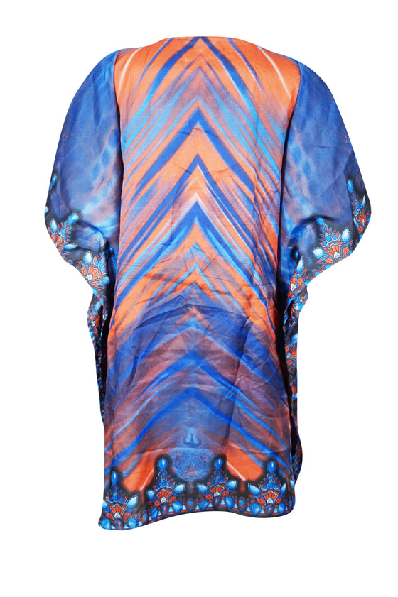 Women's Blue and Orange Boho Caftan – Short Hippie Kaftan Dress for Effortless Style L-2XL