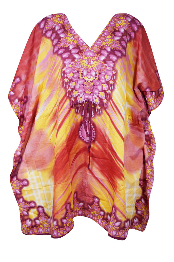 Women's Red and Yellow Boho Caftan – Short Hippie Beach Kaftan Dress Summer Style  L-2XL