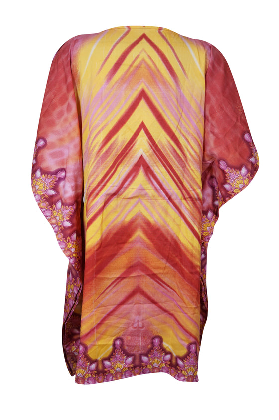 Women's Red and Yellow Boho Caftan – Short Hippie Beach Kaftan Dress Summer Style  L-2XL