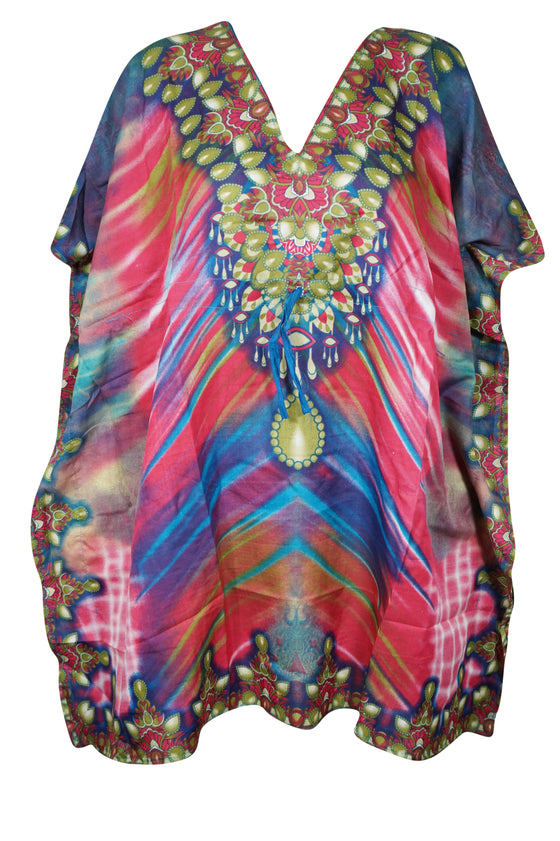 Blue & Pink Short Boho Kaftan – Women’s Beach Cover-Up Dress  L-2XL