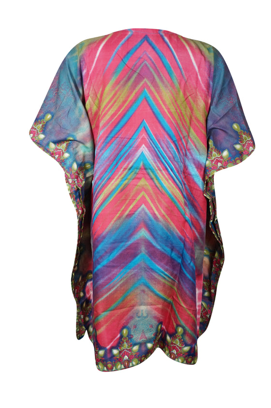 Blue & Pink Short Boho Kaftan – Women’s Beach Cover-Up Dress  L-2XL