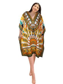  
Women's Yellow Multi Boho Caftan – Short Hippie Beach Kaftan Dress Summer Style L-2XL
