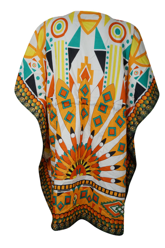Women's Yellow Multi Boho Caftan – Short Hippie Beach Kaftan Dress Summer Style L-2XL