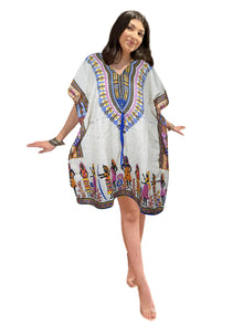  Blue and White Boho Kaftan Dress – Women's Short Hippie Beachwear  L-2XL
