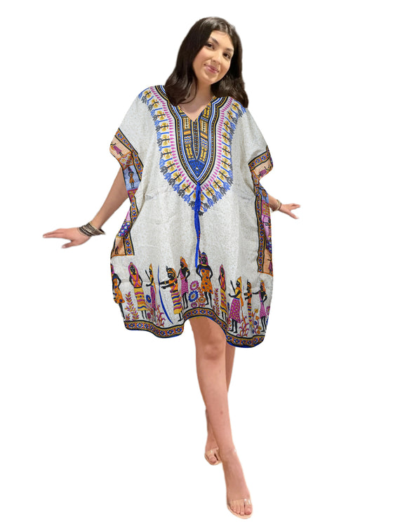Blue and White Boho Kaftan Dress – Women's Short Hippie Beachwear  L-2XL