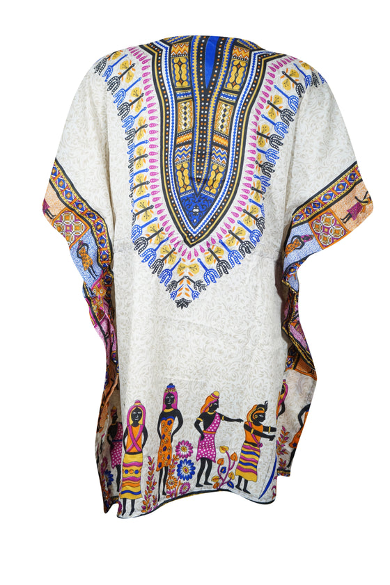 Blue and White Boho Kaftan Dress – Women's Short Hippie Beachwear  L-2XL