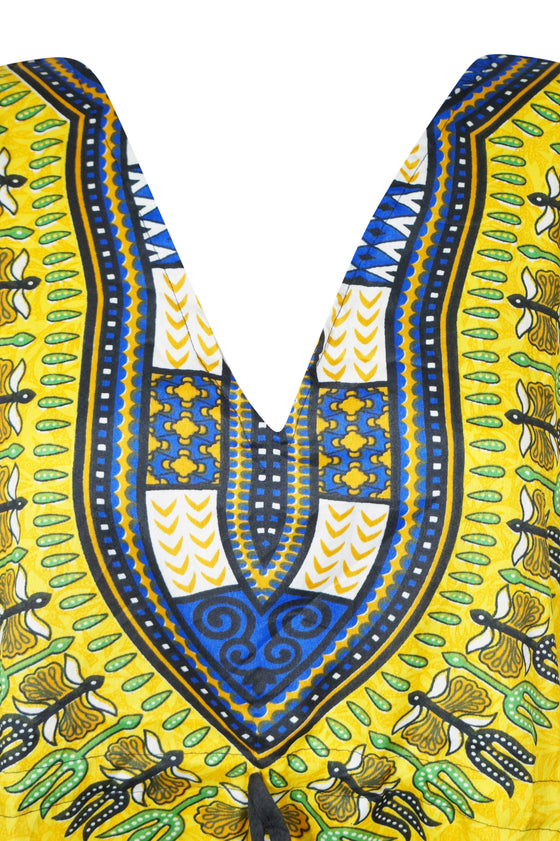 Women's Short Kaftan in Yellow and Blue – Breezy Boho Dress for Sunny Days L-2XL