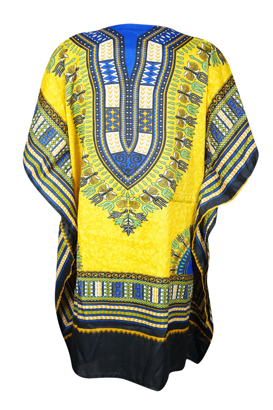 Women's Short Kaftan in Yellow and Blue – Breezy Boho Dress for Sunny Days L-2XL