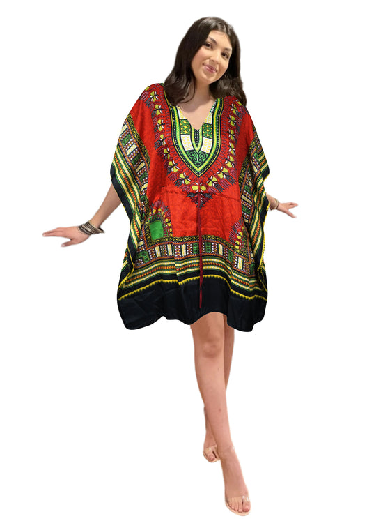 Women's Red & Green Boho Kaftan – Short Hippie Beach Dress for Summer Style L-2XL