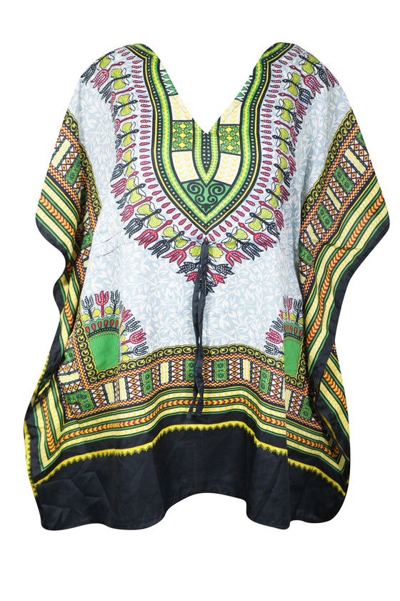 Women's Green Multi Short Boho Kaftan – Colorful Beachwear Dress for Sunny Days  L-2XL