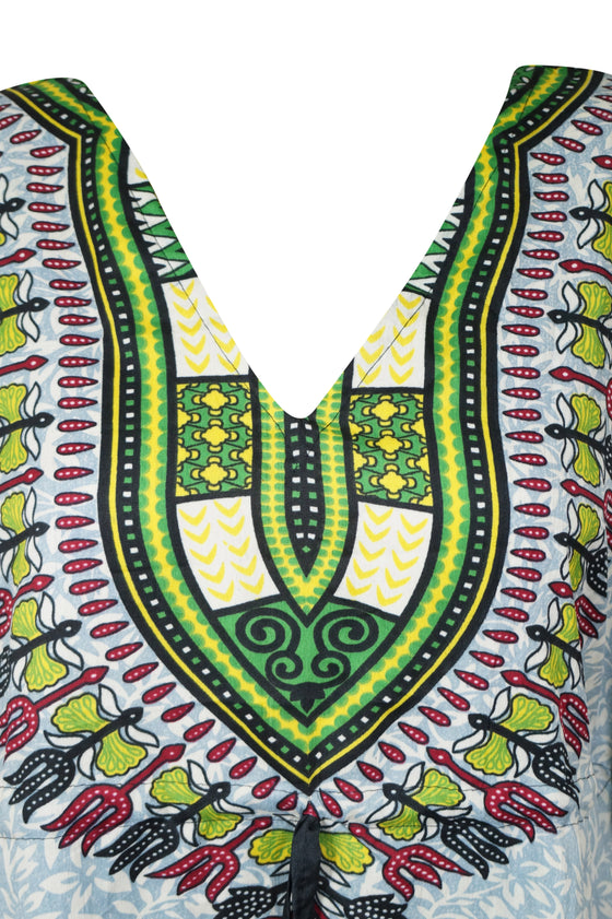 Women's Green Multi Short Boho Kaftan – Colorful Beachwear Dress for Sunny Days  L-2XL