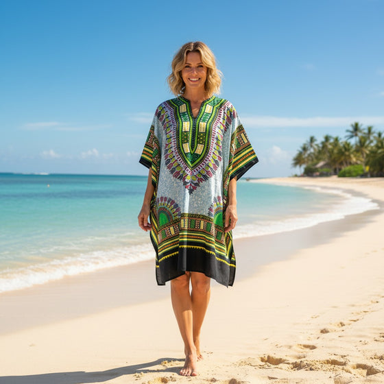 Green Multi Short Boho Kaftan – Women’s Colorful Beachwear Dress  L-2XL