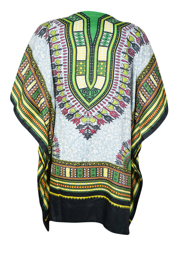 Women's Green Multi Short Boho Kaftan – Colorful Beachwear Dress for Sunny Days  L-2XL